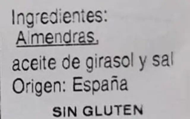 Almendra repelada frita ingredients label