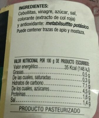 Cebollitas Rojas Agridulces nutrition facts table