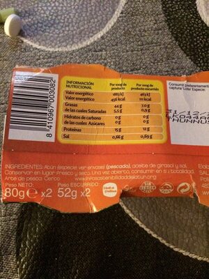 Atún en aceite de girasol ingredients label