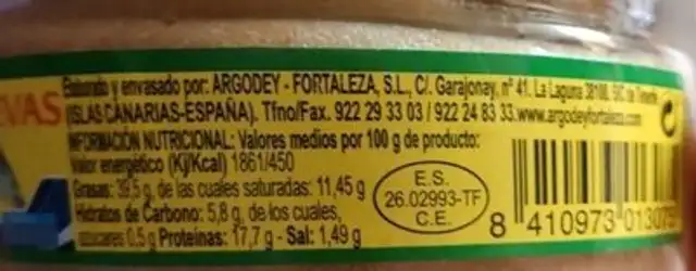 Paté de huevas nutrition facts table