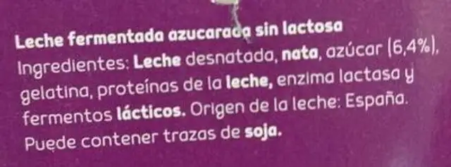Yogur sin lactosa ingredients label