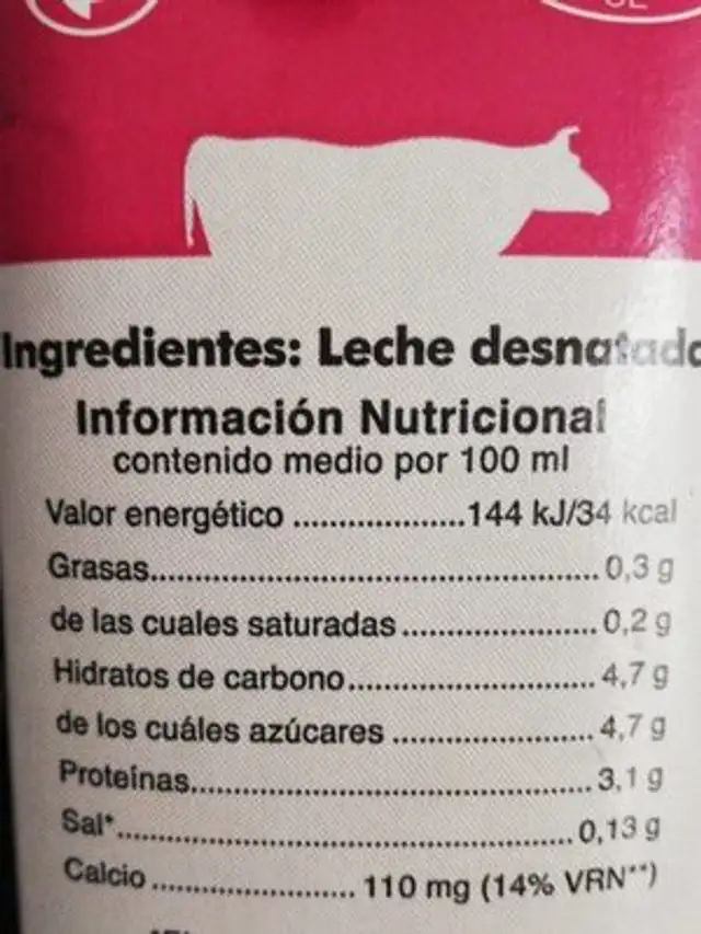 Leche desnatada nutrition facts table