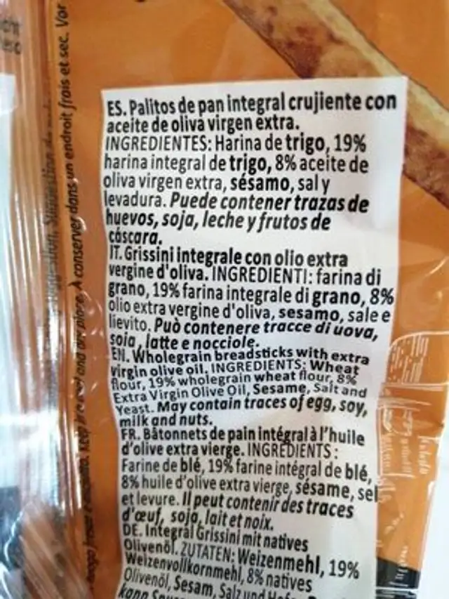 Palitos Fibra ingredients label