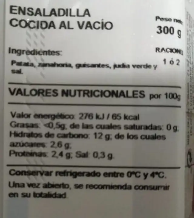 Ensaladilla nutrition facts table