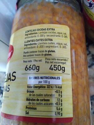Lentejas pardinas extra ingredients label