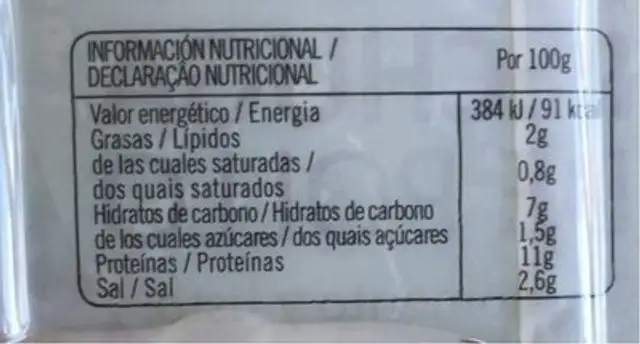 Pechuga de pollo nutrition facts table