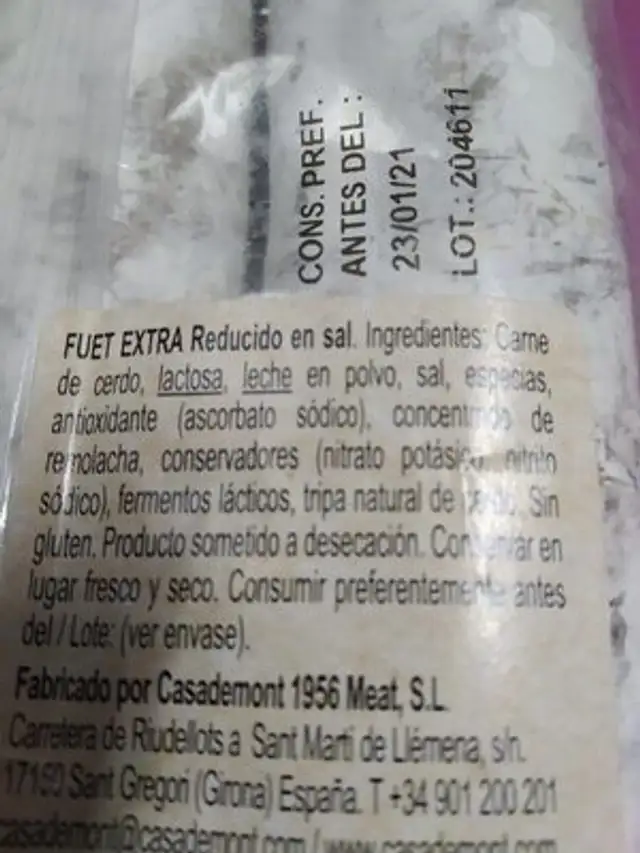 Fuet espetec extra pack 2 reducido en sal ingredients label