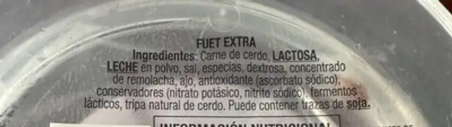Snack Fuet Extra ingredients label