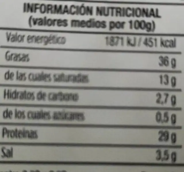 Snack Fuet Extra nutrition facts table