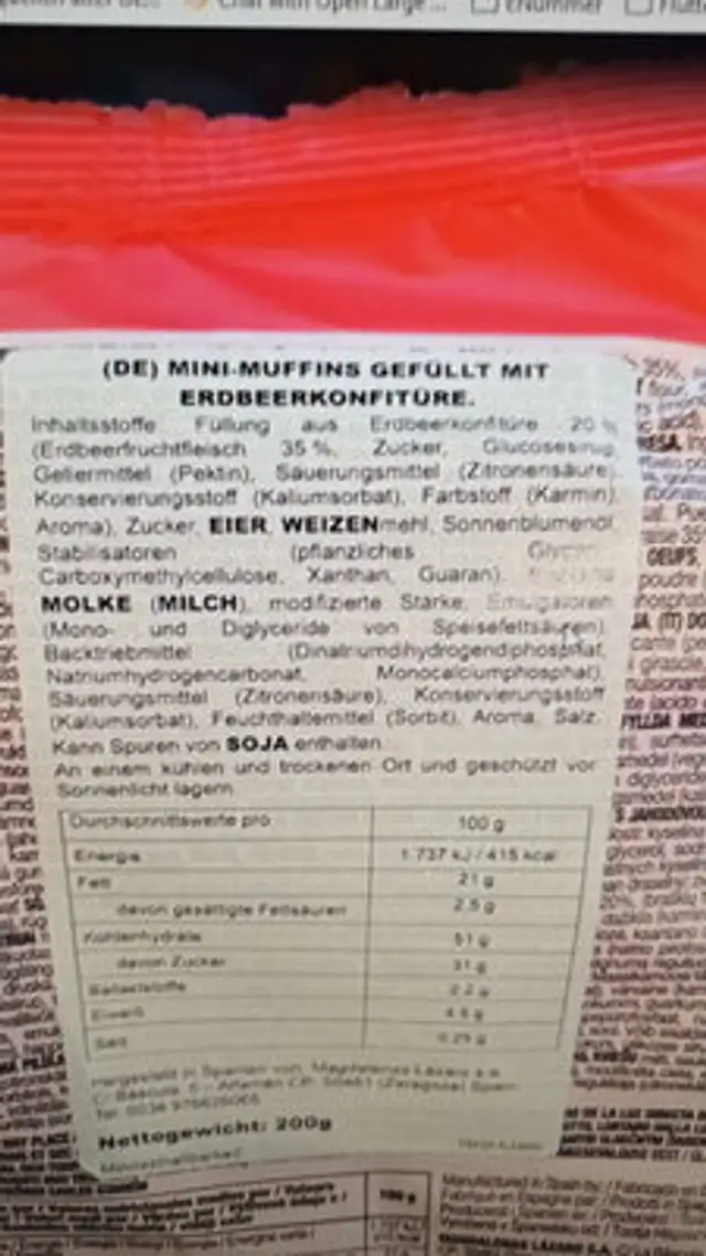 Mini Muffins With Strawberry Filling ingredients label