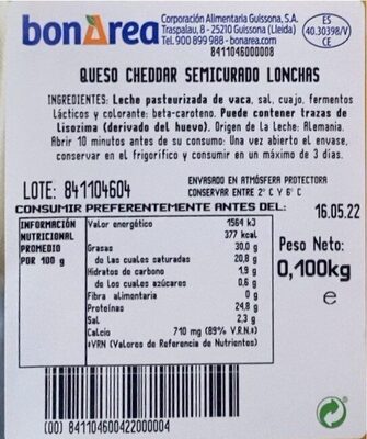 QUESO CHEDDAR SEMICURADO LONCHAS
