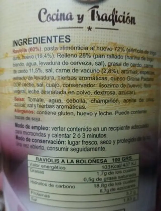 Raviolis a la boloñesa nutrition facts table
