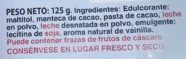 Chocolate con leche sin azucares anadidos ingredients label