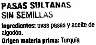 Pasas sultanas sin semillas ingredients label