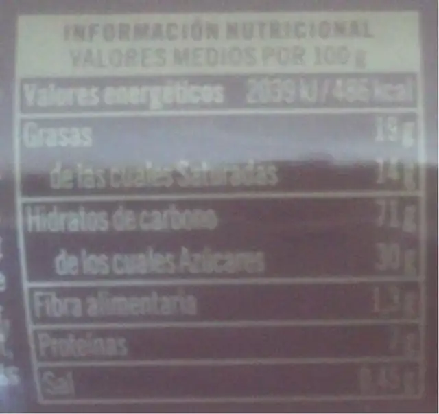 Galleta de chocolate nutrition facts table
