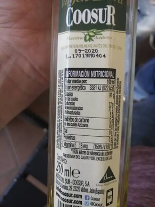 Aceite de oliva virgen extra nutrition facts table