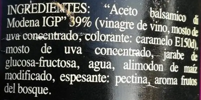Crème de balsamique ingredients label