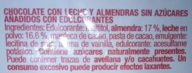 chocolate con leche y almendras ingredients label
