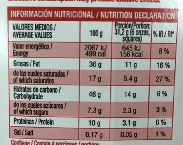 chocolate con leche y almendras nutrition facts table