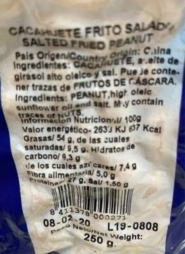 Cacahuete frito salado nutrition facts table