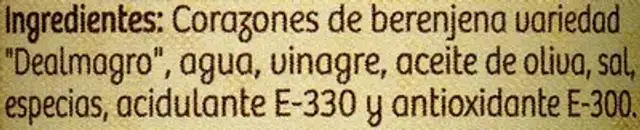 Corazones de berenjenas de Almagro ingredients label
