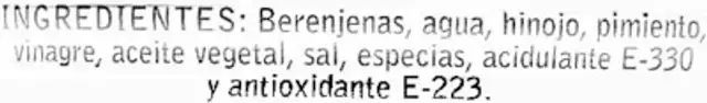 Berenjenas embuchadas con pimiento e hinojo origen Almagro ingredients label