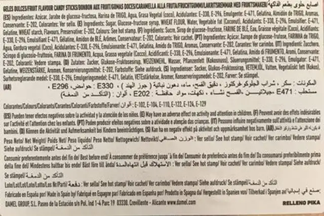Damel Maxirellepica Colores 75 Und ingredients label