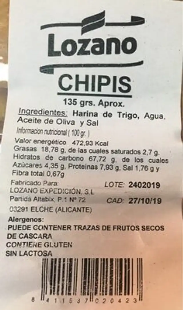 Chipis nutrition facts table