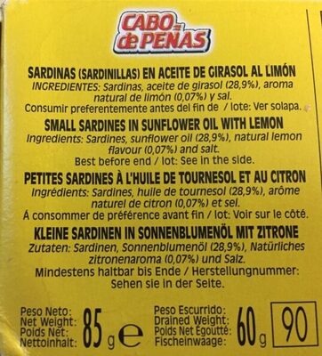 Sardinas en aceite de girasol al limón ingredients label
