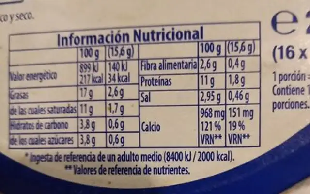 Queso en porciones el Caserío nutrition facts table