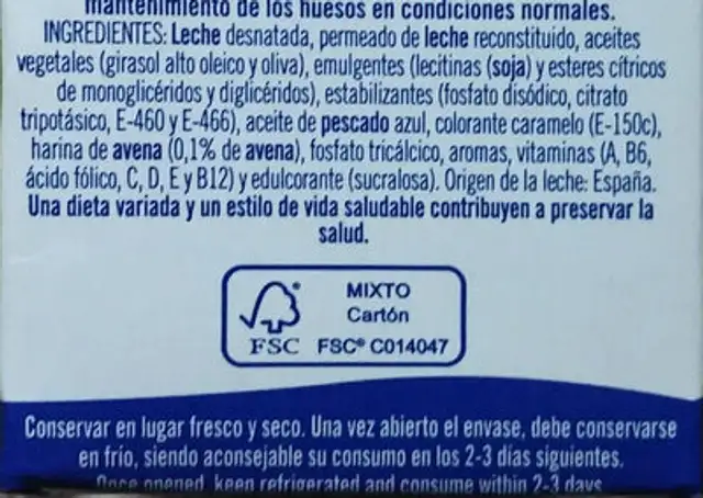 Puleva Omega 3 con Avena ingredients label