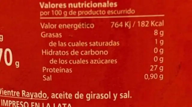 Filetes de bonito de vientre rayado en aceite de girasol nutrition facts table