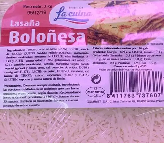 Lasaña boloñesa nutrition facts table