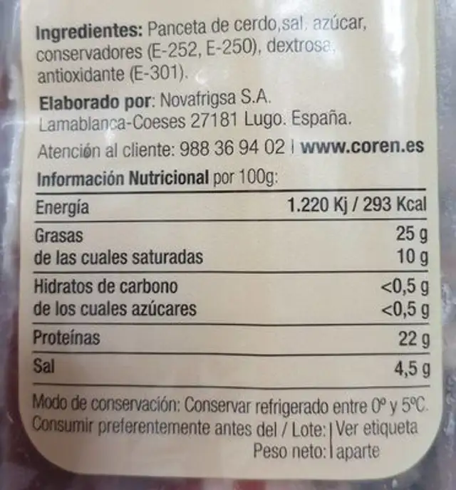 Panceta Curada nutrition facts table