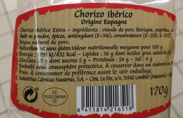 Chorizo iberico ingredients label