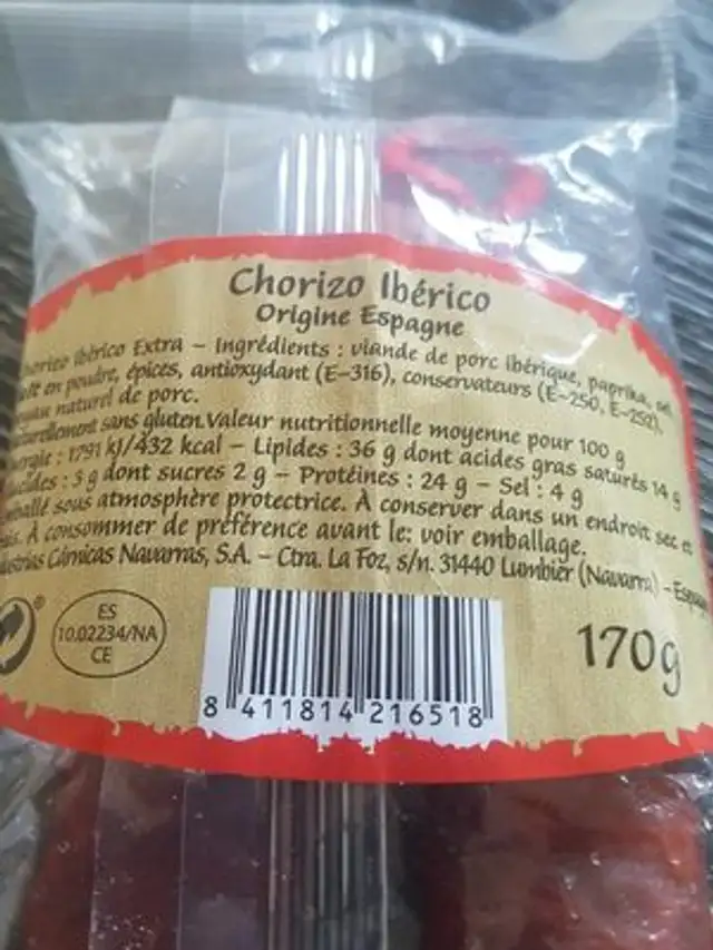 Chorizo iberico nutrition facts table