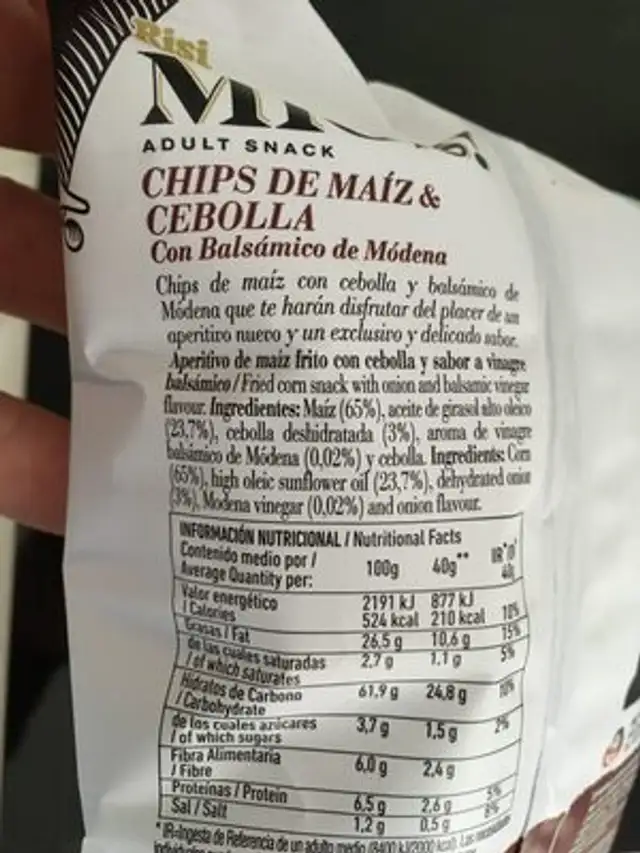 Mios (chips de maíz & cebolla) ingredients label