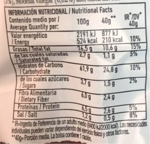 Mios (chips de maíz & cebolla) nutrition facts table