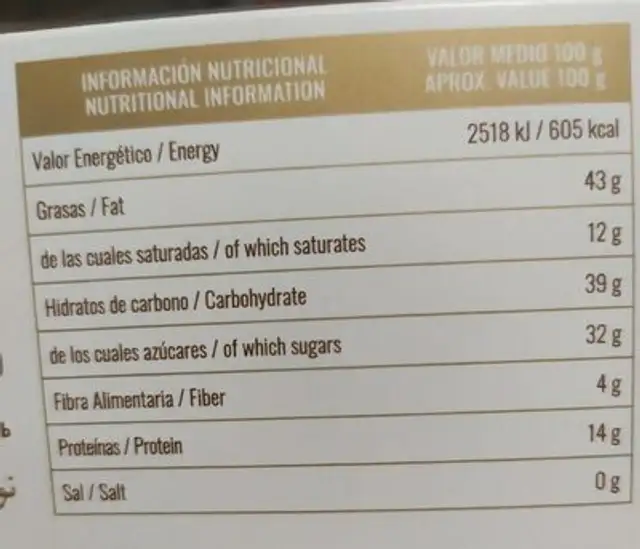 Turrón de chocolate con almendras nutrition facts table
