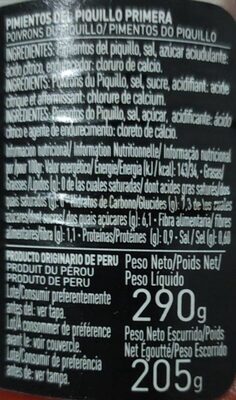 Pimientos del piquillo nutrition facts table