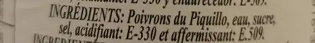 Pimientos del Piquillo Enteros Extra ingredients label