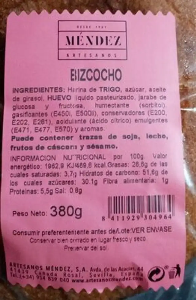 Bizcocho nutrition facts table