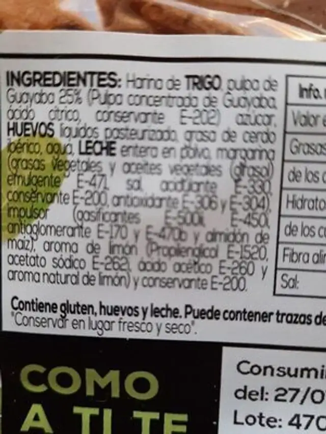 Tarta de guayaba ingredients label