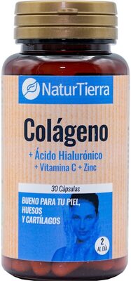 Colágeno, ácido hialurónico, vitamina c y zinc front packaging