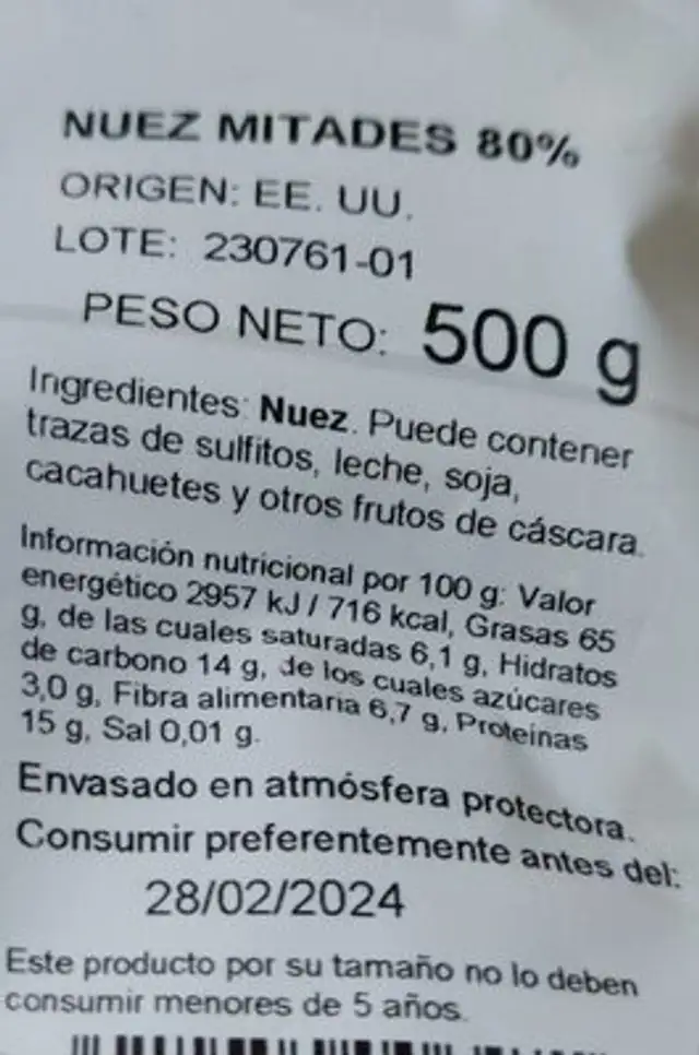 Frutos secos Nuts nutrition facts table