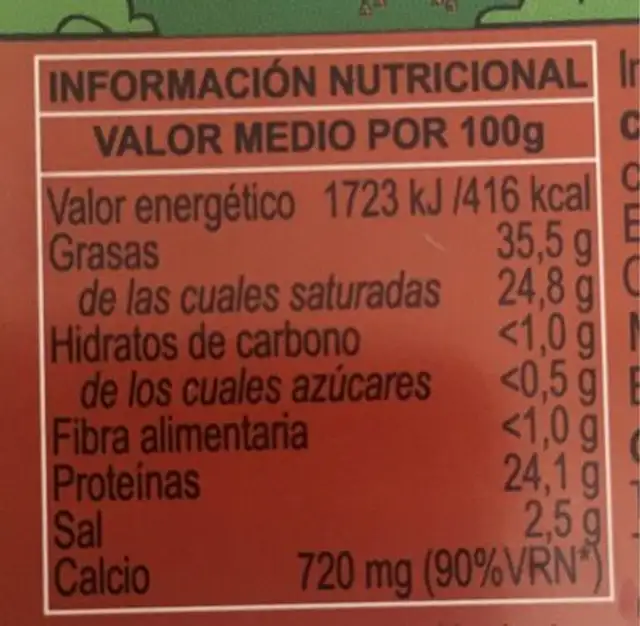 Queso de mezcla curado nutrition facts table