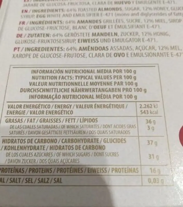 Turrón de Jijona nutrition facts table