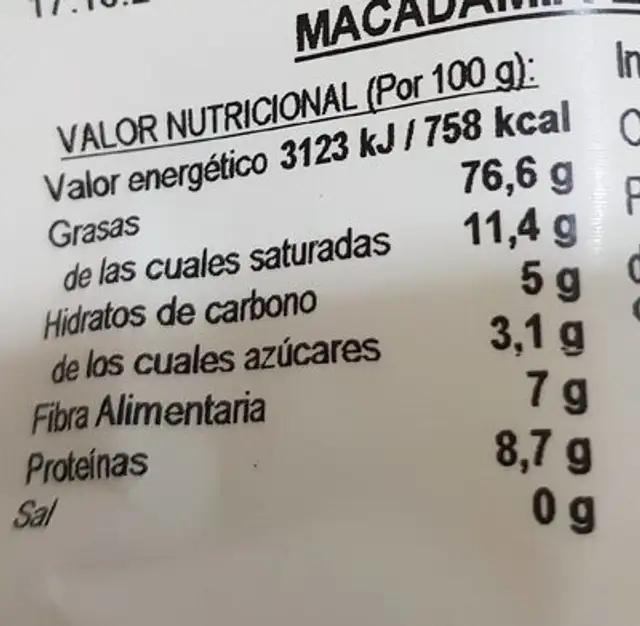 Frutos ecológicos Macadamia nutrition facts table