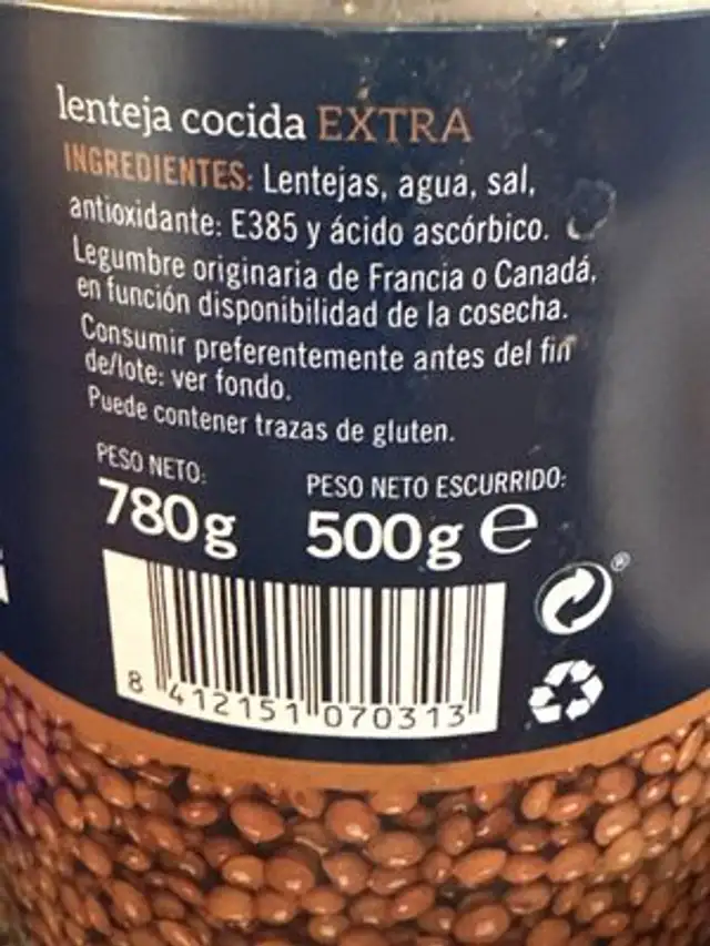 Lentejas extra ingredients label