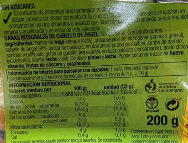 Cañas integrales de cabello de angel nutrition facts table